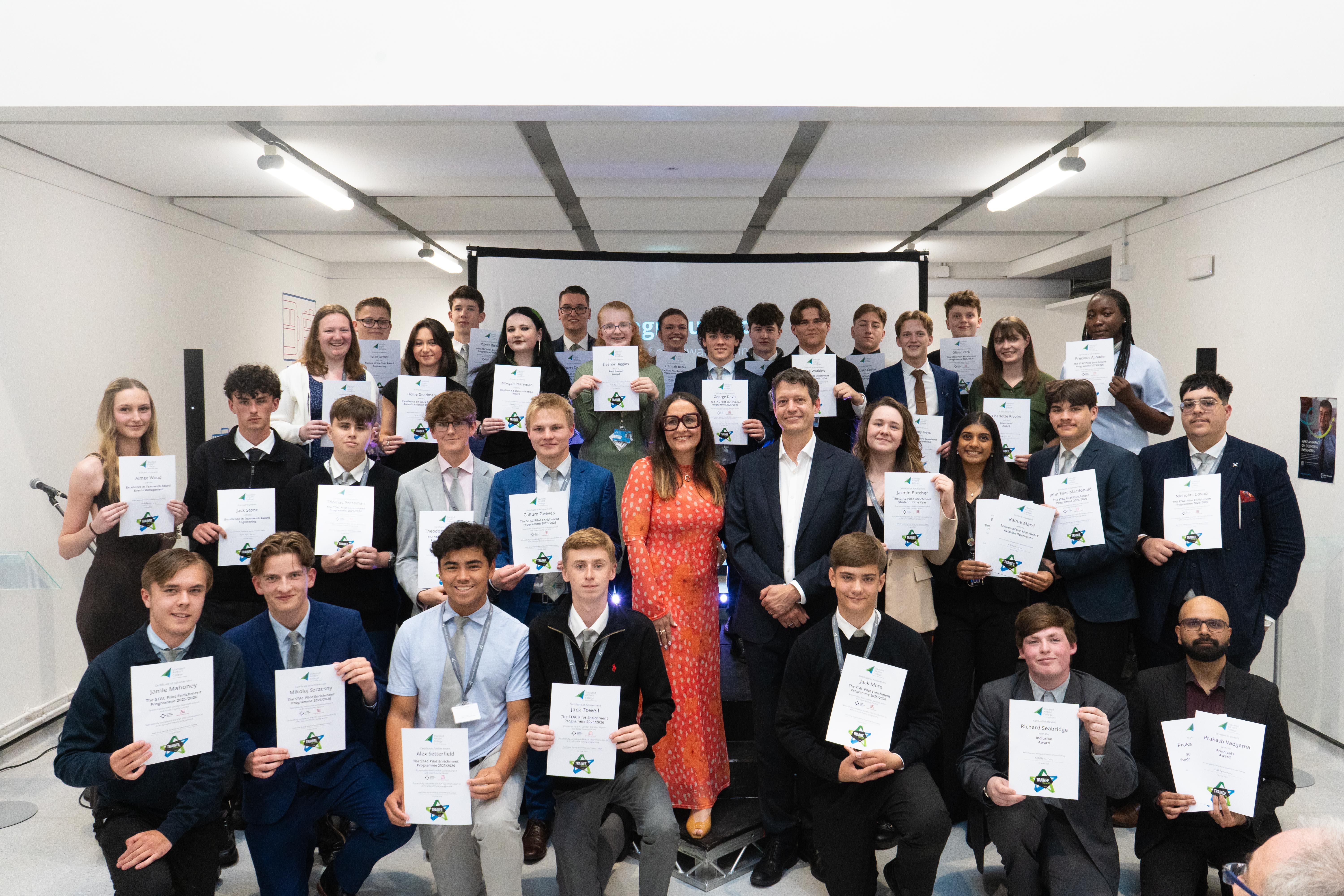 Karen Spencer, Principal and Gareth Powell, MD of London Stansted Airport, with student award winners